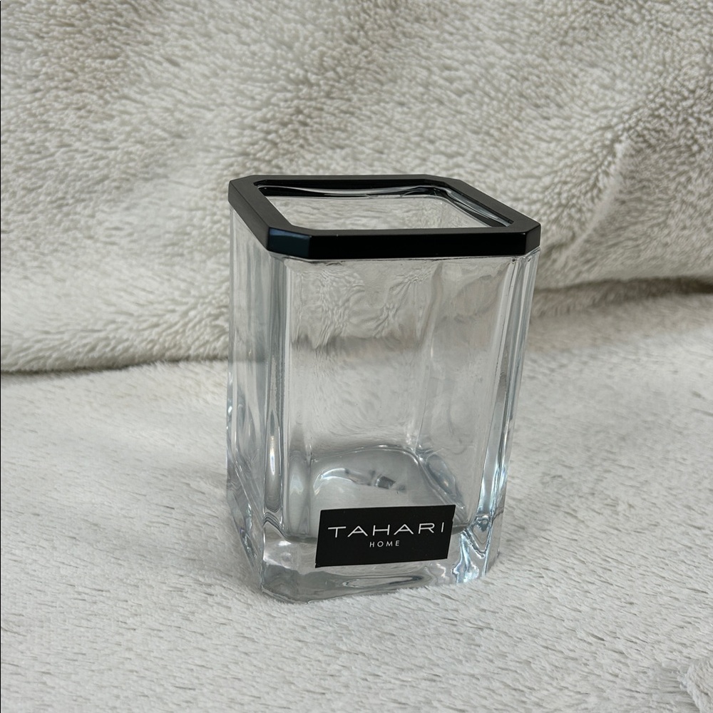 NWT Tahari Home Heavy Glass Square Container Black Rim